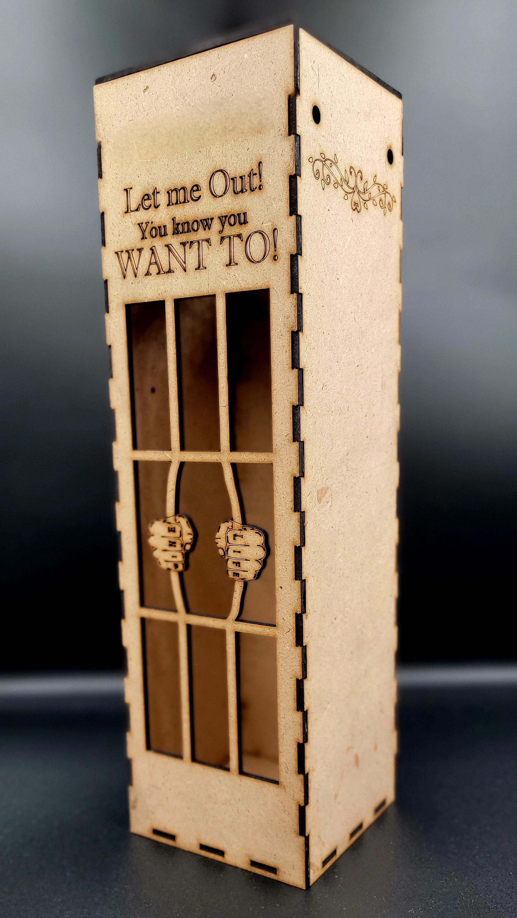 Bottle Jail Gift Box for Wine – Funny Engraved Wooden Box