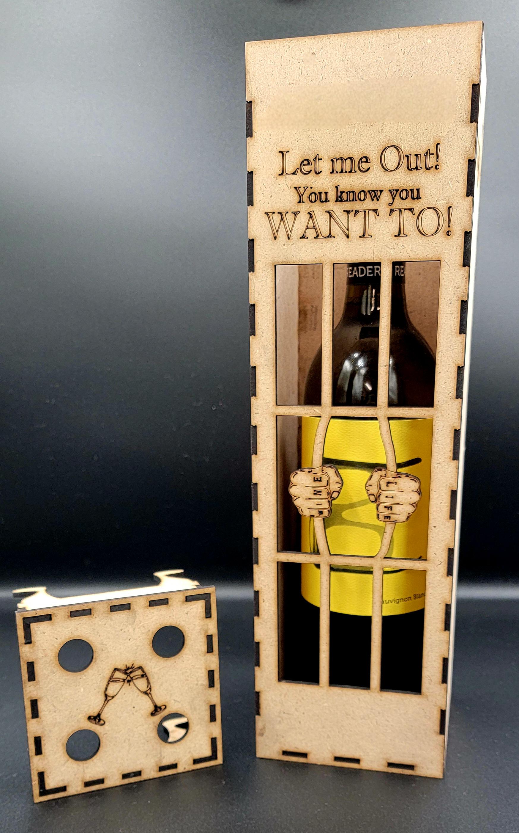 Bottle Jail Gift Box for Wine – Funny Engraved Wooden Box