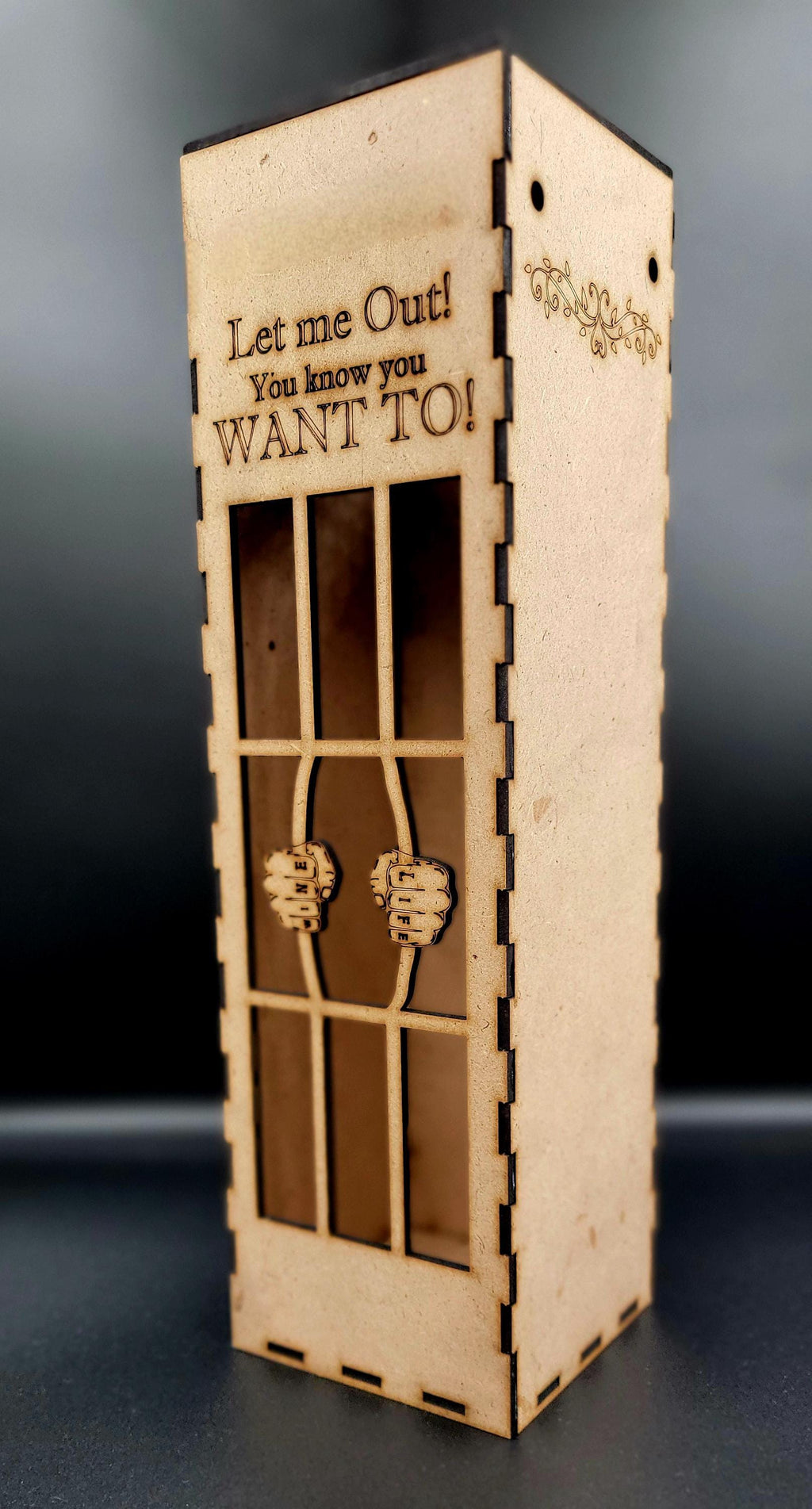 Bottle Jail Gift Box for Wine – Funny Engraved Wooden Box