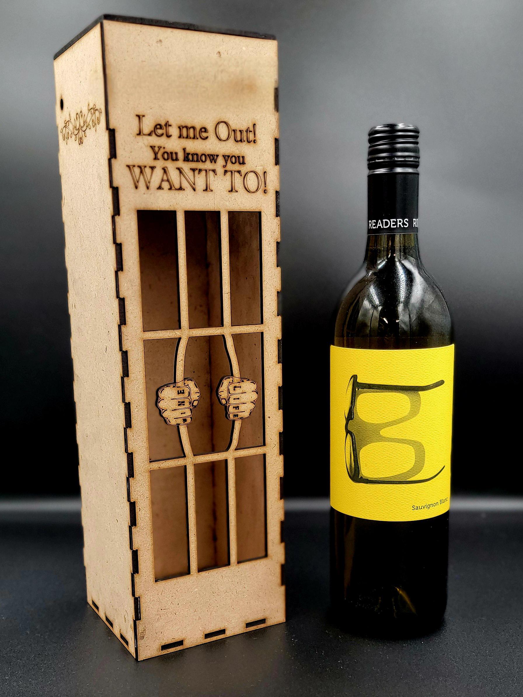 Bottle Jail Gift Box for Wine – Funny Engraved Wooden Box