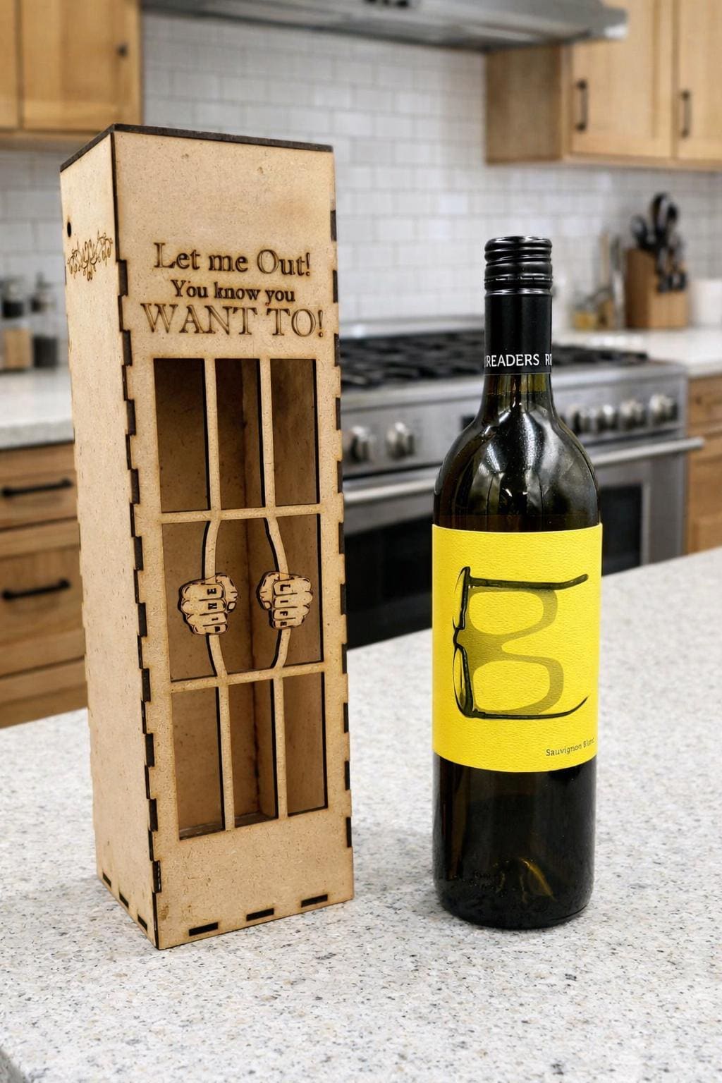 Bottle Jail Gift Box for Wine – Funny Engraved Wooden Box