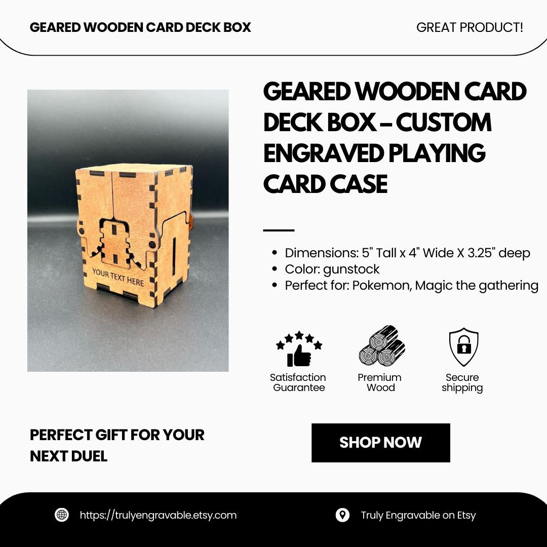 Geared Wooden Card Deck Box – Custom Engraved Playing Card Case