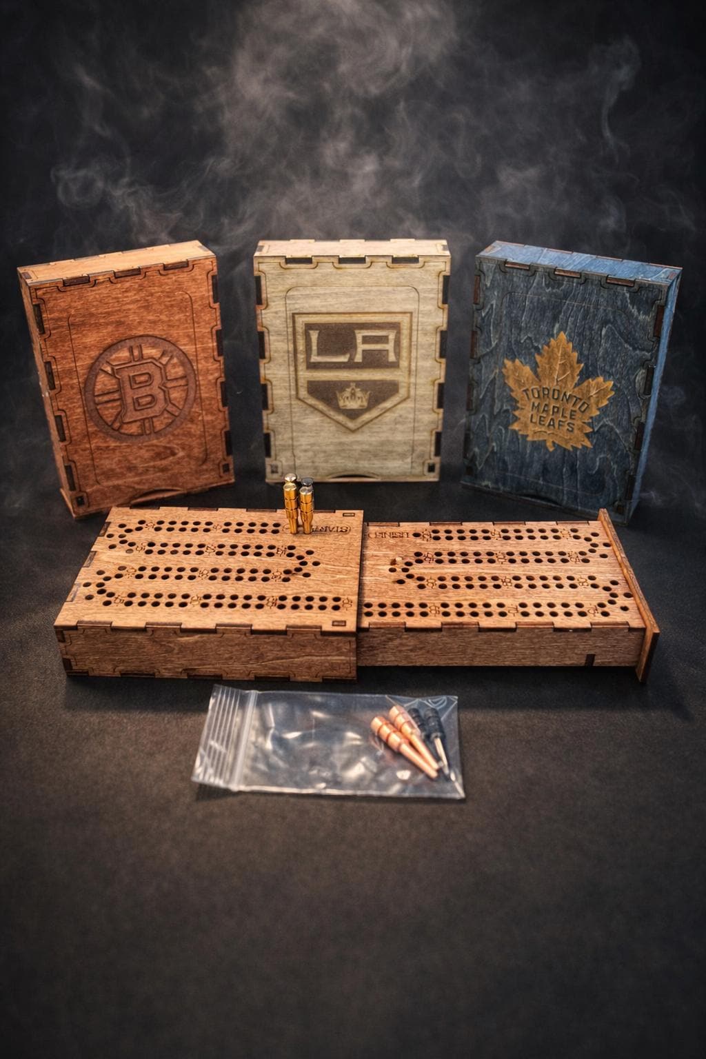 Travel hockey cribbage board - custom engraving and logos