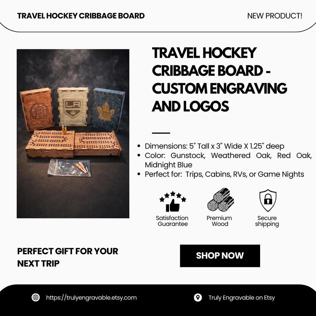 Travel hockey cribbage board - custom engraving and logos