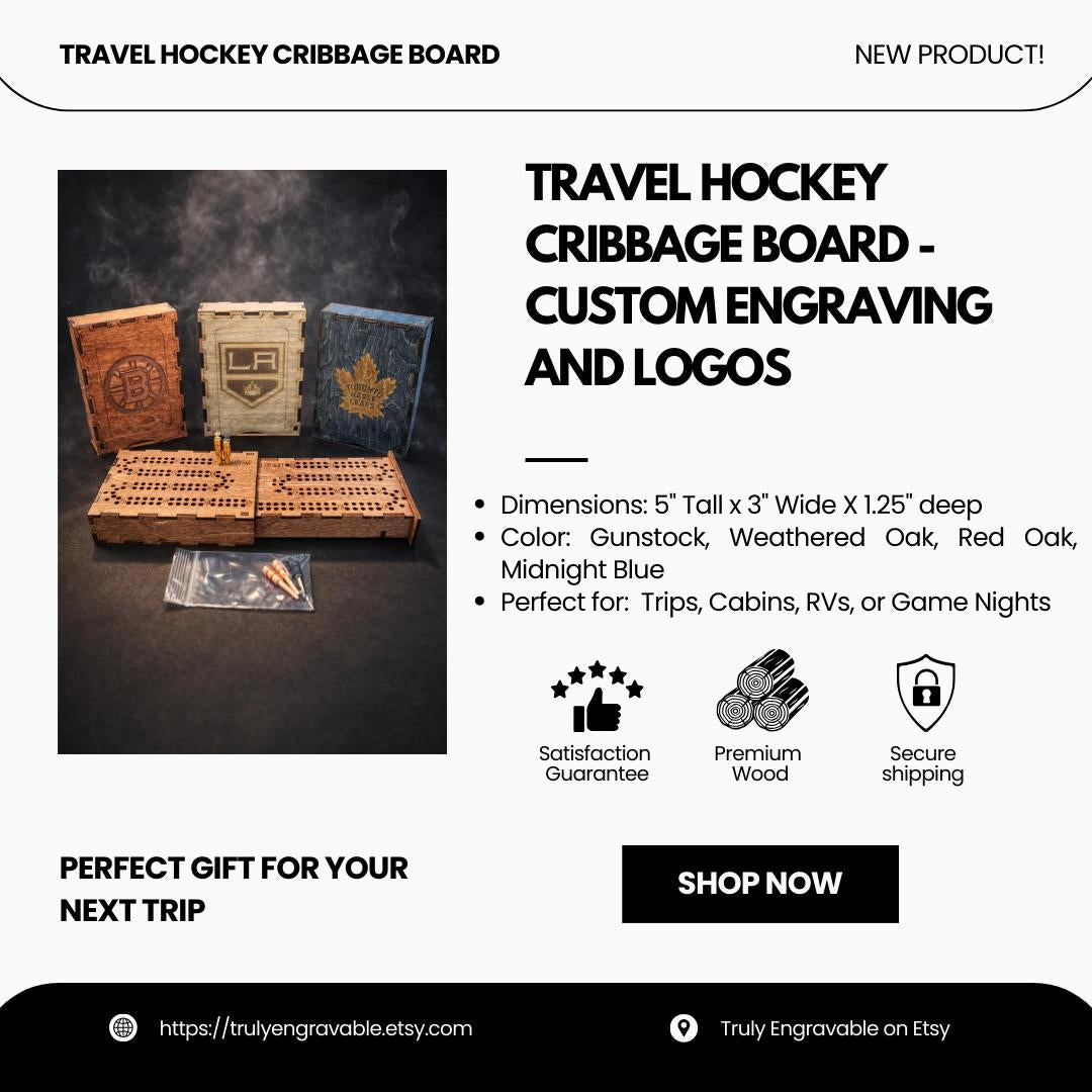 Travel hockey cribbage board - custom engraving and logos